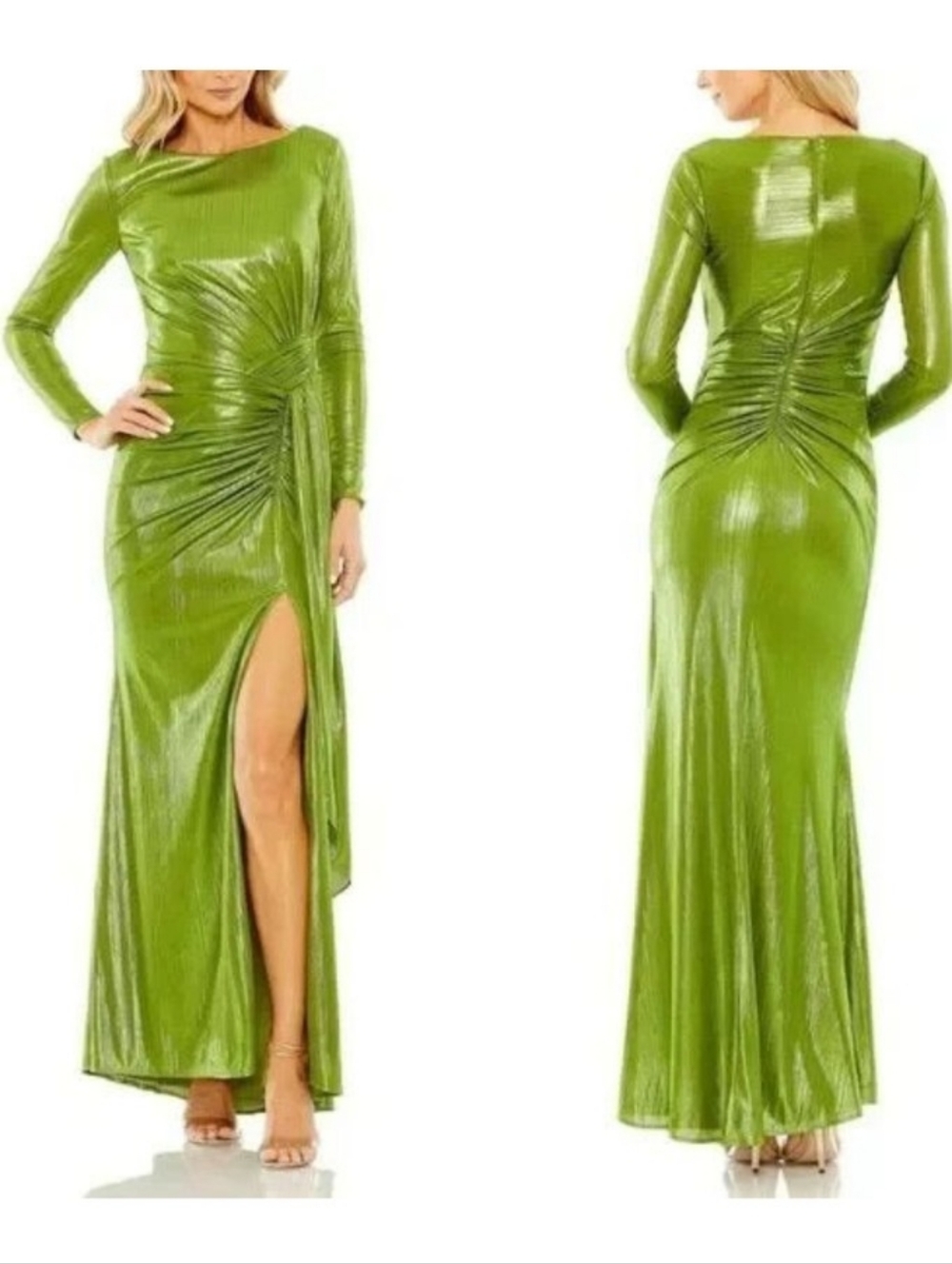 MacDuggal 27165 Size 14 Apple GreenLong Sleeve Green Ruched Satin Evening Gown